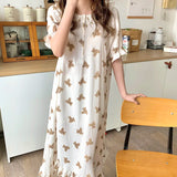 Vevesc Print Summer Nightgown Korean Soft Cotton Long Sleepwear Short Sleeve Ruffles Nightdress Buttons Kawaii Homewear
