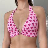 Vevesc Y2K Pink Crop Top Heart Printed Sweet Cute Top Metal Tie Up Halter Women Backless Tank Top Women Beach Style Top