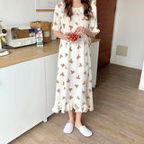 Vevesc Print Summer Nightgown Korean Soft Cotton Long Sleepwear Short Sleeve Ruffles Nightdress Buttons Kawaii Homewear