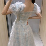 Vevesc French Puff Sleeve Midi Dress Women Square Collar Design Court Vintage Dress Femme Casual Korea Slim Chiffon Summer Dresses 2024