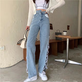 Vevesc Sexy Side Split Irregular High Waist Strappy Jeans Women's Straight Wide Leg Denim Trousers Streetwear Harajuku Pants