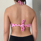 Vevesc Y2K Pink Crop Top Heart Printed Sweet Cute Top Metal Tie Up Halter Women Backless Tank Top Women Beach Style Top
