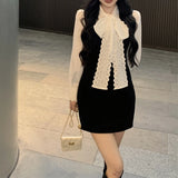 Vevesc 2024 Spring New Streetwear Bow Lace-up Loose Casual Long-sleeved Shirt Women + Black All-match Mini Dress Two-piece Suit