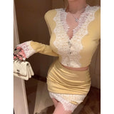 Vevesc 2024 Spring New High Street V-neck Contrast Color Lace Splicing Knit Long-sleeved T-shirt Women + Sexy Mini Skirt Two-piece Suit