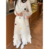 Vevesc 2024 Spring New Streetwear Pleated Loose Lace Pants Women + Colorful Cotton Ball Hollow Knitted Dress + T-Shirt Three-Piece Suit