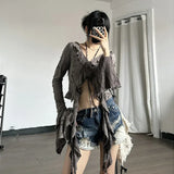 Vevesc Vintage Distressed Frayed Sexy Long-sleeved Shirt Women 2024 Spring New V-neck Ruffled Lace-up Solid Color Casual Crop Tops
