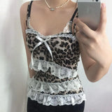Vevesc Vintage Leopard Strap Summer Camis Tops 2000s Aesthetic Y2K Clothes Korean Style Lace Patchwork Sexy Top Women Ruched
