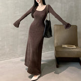 Vevesc Vintage Solid Color All Match Elegant Long-sleeved Dress Women Autumn New Korean Sexy Slim Draped Knitted Mid-length Dress
