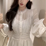 Vevesc 2024 Spring New Korean Pleated Solid Color Casual Chiffon Long-sleeved A-line Dress Women + Sexy Slim Camisole Two-piece Suit
