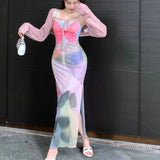 Vevesc 2024 Autumn New Korean Butterfly Tie-Dye Mesh Elegant Party Dress + Lace-up Casual Knitted Long-sleeved Cardigan Two-piece Suit