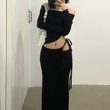 Vevesc 2024 Spring New Off-shoulder Pleated Sexy Slim Long-sleeved T-shirt Women + Asymmetric Lace-up Split Black Skirt Two-piece Suit