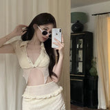 Vevesc   Women Two-Piece Swimwear Swimsuit White Korean Style 2 Piece Beach Wear Swimsuit Set With Skirt And Cardigan
