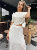 Vevesc Knitted White Short Sleeve T-shirt Skirt Set Hollow See Through High Waisted Sexy Slim Fit Hip Wrap Two Piece Sets Women
