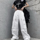 Vevesc White Cargo Pants Woman Oversized Hippie Streetwear Pocket The Chain Punk Elastic High Waist Trousers Baggy Pants Korean Fashion