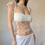 Vevesc Sexy Lace Patchwork Aesthetic Kawaii Sweet T Shirt Women 2024 Summer Fashion Short Sleeve Crop Tops Y2K Female Streetwear