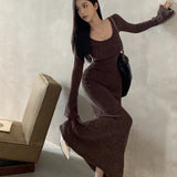 Vevesc Vintage Solid Color All Match Elegant Long-sleeved Dress Women Autumn New Korean Sexy Slim Draped Knitted Mid-length Dress