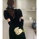 Vevesc Korean Retro Velvet Elegant Puff Sleeve Dress Women 2024 Spring New O-neck Contrast Color Patchwork A-line Dress with Sleeves