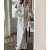 Vevesc V-neck Mesh Splicing Hollow Sexy Long-sleeved Dress Women 2024 Spring New Korean Solid Color Elegant Knitted Dress with Scarf
