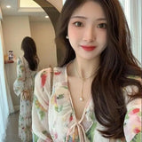 Vevesc 2024 Casual Floral Midi Dress Wonen Elegant Beach Style Even Party Dress Female Outwear Korean Fashion Chic Lace-up