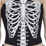 Vevesc Skeleton Print Black Bustier Corset Tops for Women Halloween E Girl Dark Academia Crop Tops Mujer Gothic Punk