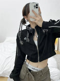 Vevesc Y2K Vintage Zip Up Cropped Hoodie Women Korean Fashion Striped Black Jackets Female Kpop Egirl Harajuku Sweatshirt Sping
