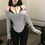 Vevesc 2024 Spring New V-neck Pleated Solid Color Irregular Long-sleeved T-shirt Women + Sexy Backless Lace Camisole Two-piece Suit