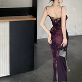 Vevesc Vintage Floral Tie-dye Elegant Party Dress Women 2024 Summer New Korean Backless Lace Up Sexy Slim Mid-length Dress