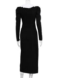 Vevesc Fashion 2024 Fall Peter Pan Collar Mid-calf Evening Party Dresses for Women Elegant Double Breasted Black Office Work Dress