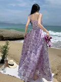 Vevesc French Vintage Purple Print Long Dresses for Women 2023 Summer Sexy Backless Sleeveless Ruffles Beach Holiday Female Clothing