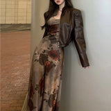Vevesc 2024 Autumn New Korean Lapel Solid Color Casual Leather Long-sleeved Jacket Women + Floral Tie-dyed Sling Dress Two-piece Suit