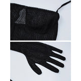 Vevesc Sexy Mesh See Through Jumpsuits Asymmetrical Skirt Black 3 Piece Set With Gloves Slim High Waist Dress Suit
