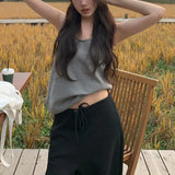 Vevesc High Street Sexy Backless Loose Casual Camisole Women 2024 Summer New Korean Solid Color All Match Knitted Tops