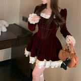 Vevesc Vintage Lace Patchwork Deerskin Velvet Sweet Long-sleeved Dress Women 2024 Spring New Square Neck Sexy Slim Pleated Party Dress