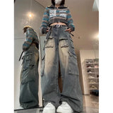 Vevesc Y2K Cargo Jeans Women Streetwear Multi-Pocket Wide Leg Denim Pants Harajuku Vintage High Waist Baggy Casual Trousers New