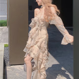 Vevesc Off-shoulder Ruffled Sexy Slim Long-sleeved Dress Women 2024 Spring New Korean Floral Printed Sweet Asymmetric A-line Dress