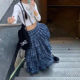 Vevesc High Waist Contrast Color Plaid Loose Mid-Length Skirt Women 2024 Spring New Streetwear Fashion All Match Pleated Cake Skirt