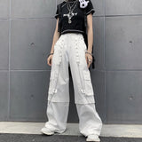 Vevesc White Cargo Pants Woman Oversized Hippie Streetwear Pocket The Chain Punk Elastic High Waist Trousers Baggy Pants Korean Fashion
