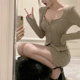 Vevesc Autumn New Korean Solid Color Casual Thread Long-sleeved T-shirt Women + High Waist Sexy Slim Hip Skirt Two-piece Suit