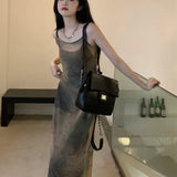 Vevesc Tie-dye Gauze Suspender Dress Women 2024 Spring Korean Retro Strapless Mid-length Dress + Black Knitted Cardigan Two-piece Suit
