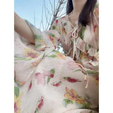Vevesc 2024 Casual Floral Midi Dress Wonen Elegant Beach Style Even Party Dress Female Outwear Korean Fashion Chic Lace-up