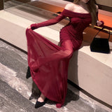 Vevesc Vintage Mesh Splicing Sexy Slim Long-sleeved Dress Women 2024 Spring New Off-shoulder Pleated Solid Color Elegant Party Dress
