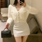 Vevesc 2024 Winter New V-neck Loose Casual Mink Cashmere Long-sleeved Cardigan Women + 3d Flower Patchwork Knit Dress Two-piece Suit
