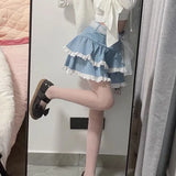 Vevesc Japanese Sweet Y2k Skirts Ruffles Lace Patchwork Bandage Design Denim Mini Skirt Summer Korean All Match Kawaii Girl Clothing