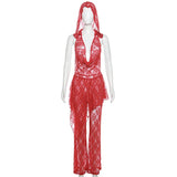 Vevesc See Through Lace Mesh Red 2 Piece Sets Hooded Backless Halter Top And Pants Y2k Sexy Night Out Outfits Matching Set