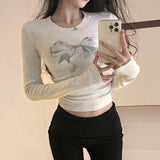 Vevesc Vintage Bow Printed Sexy Slim Long-sleeved T-shirt Women 2024 Spring New High Street O-neck Casual All Match Crop Tops