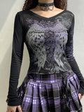Vevesc Y2K Graphic Printed Crop Top O Neck Full Sleeve Grunge Fairycore T Shirt Women Black Punk  Tunicas Mujer Verano