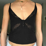 Vevesc See Through Lace Patchwork Crop Top Casual V Neck Sleeveless Slim Solid Women Camisole Y2k Harajuku Basic Tee Streetwear