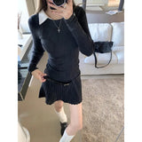 Vevesc Polo Collar Contrast Color Patchwork Knit Long-sleeved Dress Women 2024 Spring New Streetwear Sexy Slim Pleated Mini Dress