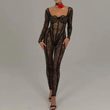 Vevesc Sheer Lace Bodycon Jumpsuits for Woman Long Sleeve Sexy Lingerine Outfit Fall Winter Club Outfits For Women Rompers