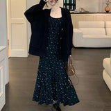 Vevesc 2024 Spring New Korean Floral Print Pleated Elegant Sling Dress Women + Loose Casual Long-sleeved Cardigan Two-piece Suit